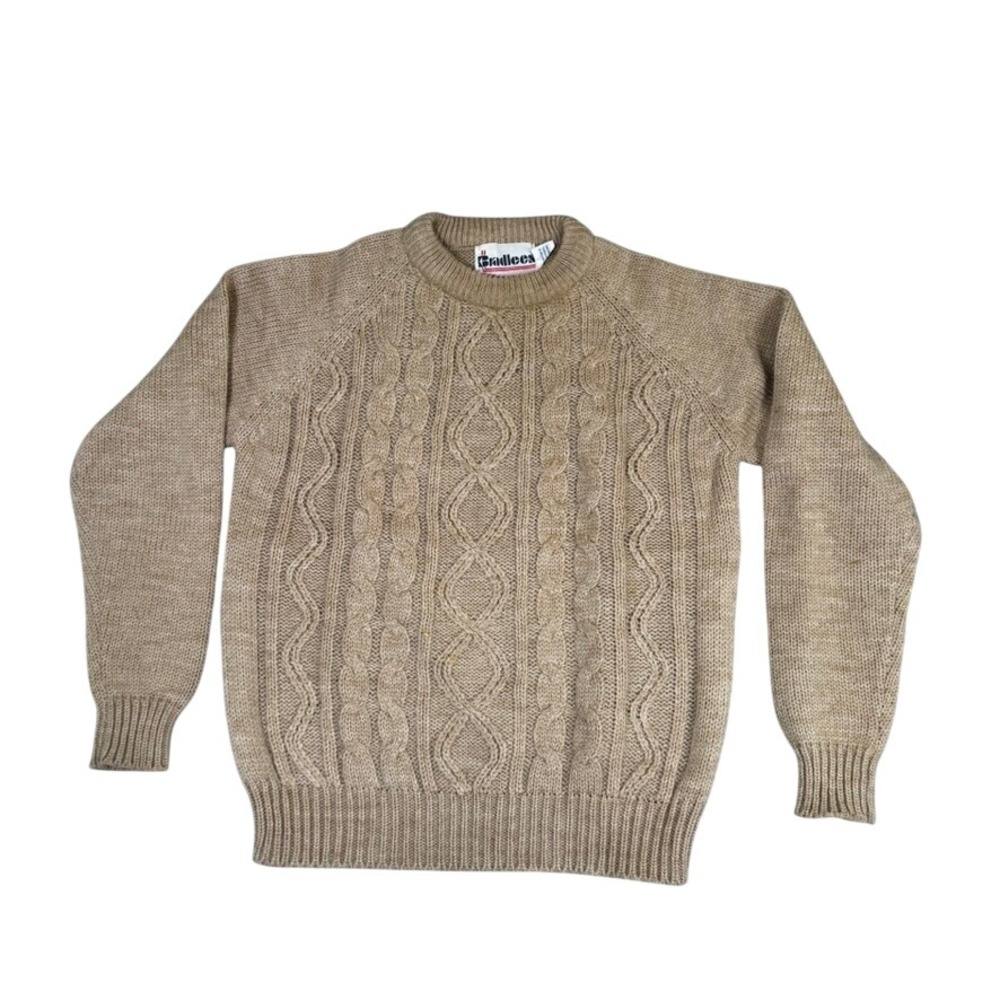Vintage Bradlees Cable Knit Sweater Mens XL Tan Camel Acrylic Crewneck Raglan